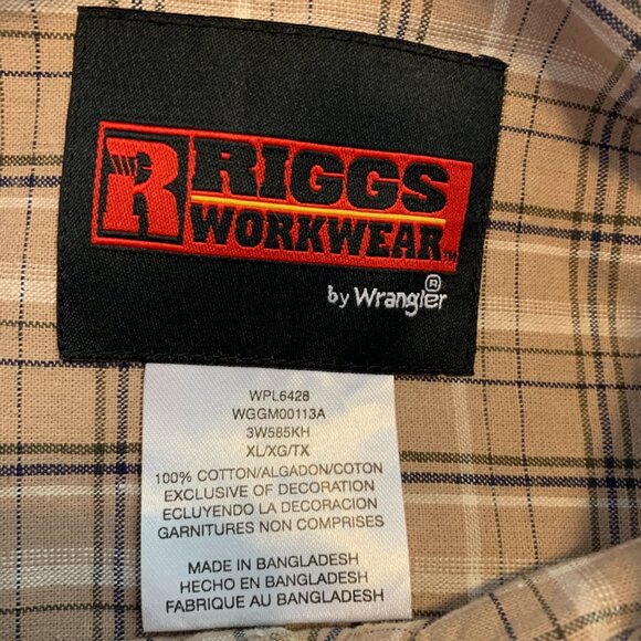 Wrangler Riggs Workwear Shirt Men's XL Tan Plaid Long Sleeve - Picture 7 of 14